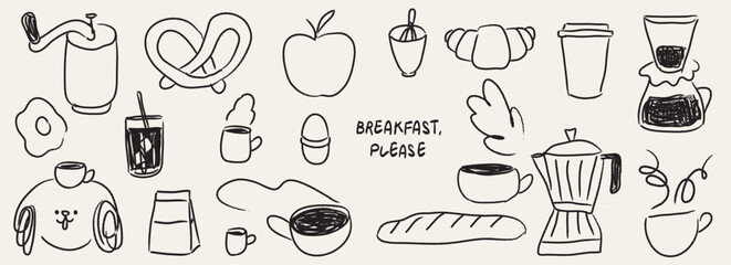 Hand draw breakfast or brunch doodles. Vector illustration of food and coffee icons in chalk, crayon drawing style. Minimalist ink line art. Illustration for invitations, menus design, social media.