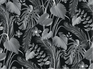Seamless pattern with monochrome flowers in silver shadeson black for textiles and design