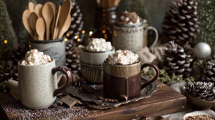 Inviting hot chocolate setup featuring festive mugs, pinecones, and decorative elements, creating a warm winter atmosphere