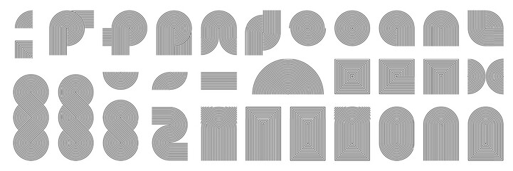 Abstract arch shape, black white curved line pattern. Retro bw concentric vector frame border, sun moon figures. Geometric optical illusion spiral. Minimal organic art, rainbow shape, wavy boho arc bg