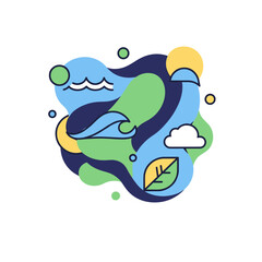 Colorful Abstract Nature Elements Illustration with Sun Cloud Wave Leaf and Land Shapes.