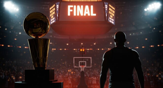 Basketball Champion Viewing Trophy After Final Game