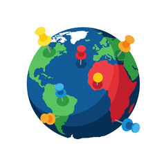 Naklejka premium Isometric Globe with Colorful Push Pins Indicating Global Locations.