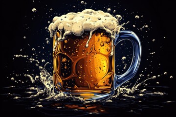 Dynamic splash of beer overflowing from a large mug on black background