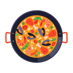 Colorful Paella Illustration with Seafood Chicken and Vegetables in Pan.