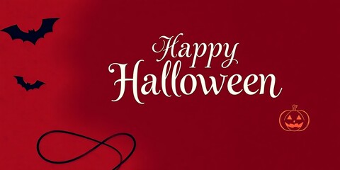 A simple and elegant Halloween graphic featuring a red background with "Happy Halloween" text, a small jack-o'-lantern, and silhouette bats.