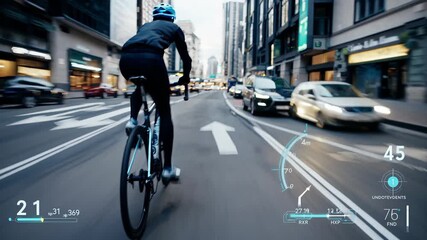 Cyclist riding through a busy city street, overlaying a heads up display showing cycling metrics and augmented reality data for an immersive smart technology experience - Powered by Adobe