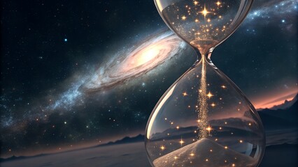 A giant hourglass floating in space, sand made of glowing stars flowing from one chamber to another, cosmic surrealism