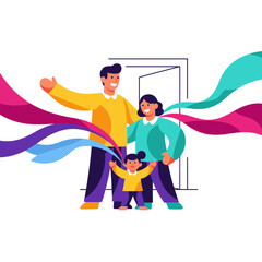 Happy Family Illustration with Colorful Ribbons and Open Doorway.