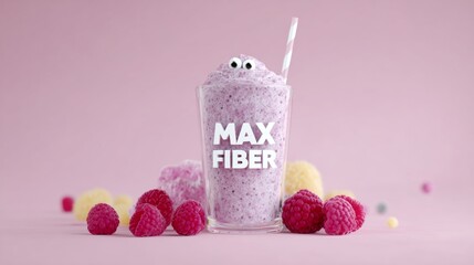 A colorful smoothie glass with eyes stands out against a pink background, showcasing fresh fruits
