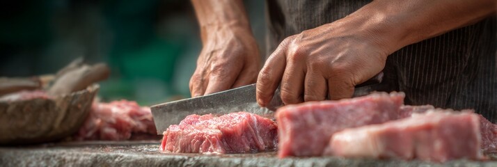Hands chopping fresh meat on a wooden surface showcasing traditional cuisine and protein preparation