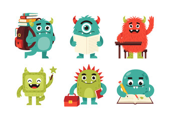 Naklejka premium Set of six colorful school monster characters – backpack, reading, raising hand, drawing, lunchbox, and notebook – playful flat vector style, isolated background