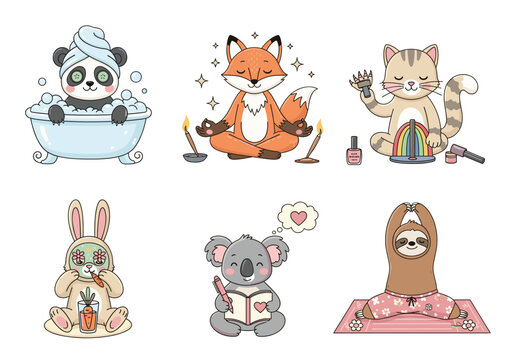 Self-Care Animal Vector Set &ndash; Flat Cartoon Panda, Fox, Cat, Bunny, Koala, and Sloth Relaxing with Spa, Yoga, Journaling, and Mindful Wellness Activities