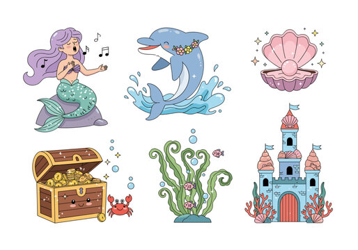 Set of cute mermaid and sea fantasy elements &ndash; pastel mermaid, dolphin, pearl, treasure chest, seaweed, and underwater castle &ndash; vector cartoon, isolated background