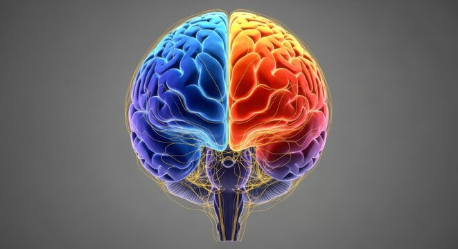 Human Brain hemispheres split colors demonstrating left and right side cognitive functions and activity visualization