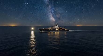 Luxury Yacht Cruising Under Milky Way at Night