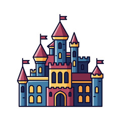 Obraz premium Fairytale Castle Illustration Blue Red and Yellow Conical Towers Crenellations and Flags.