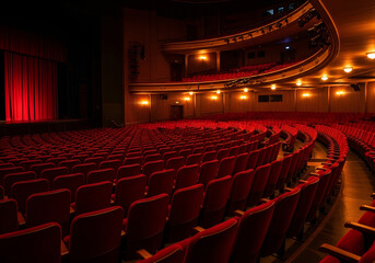 Naklejka premium Empty theater auditorium with red seats and stage curtains ready for presentation
