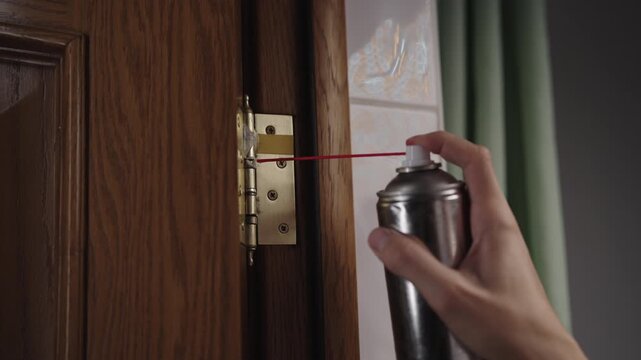 Handyman applying spray lubricant to squeaky door hinge using thin tube to precisely apply lubricant, ensuring smooth and silent door operation. Concept of domestic work, housekeeping and household.