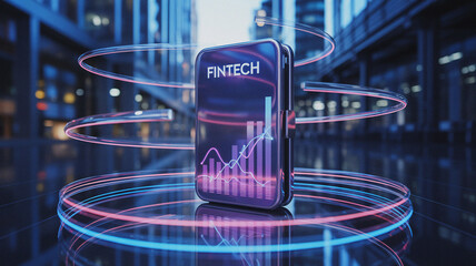 Futuristic holographic mobile phone interface showing glowing financial data graphs and digital elements in urban scene, symbolizing modern fintech innovation and virtual banking