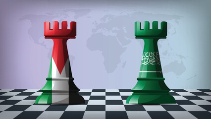 Two Standing Rooks Representing Saudi Arabia vs Palestine with Flags on Bodies and World Map in Background © Model it