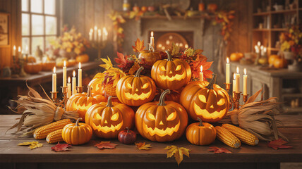 Ultra-detailed Halloween digital composition featuring carved glowing pumpkins, burning candles, autumn corn and rustic decorations arranged indoors with eerie seasonal atmosphere