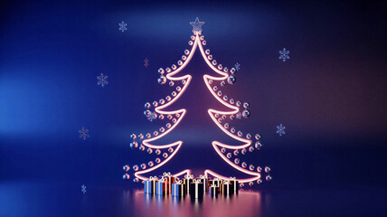 Elegant glowing stylized Christmas tree made with pink neon lights on blue background, festive sparkling winter illustration perfect for seasonal holiday greeting designs