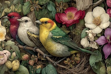 Diverse species of birds nesting a vibrant spring meadow surrounded by blooming flowers and fresh greenery capturing the essence of renewal