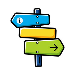 Colorful cartoon signpost with blue information arrow blank yellow sign and green rightpointing arrow.
