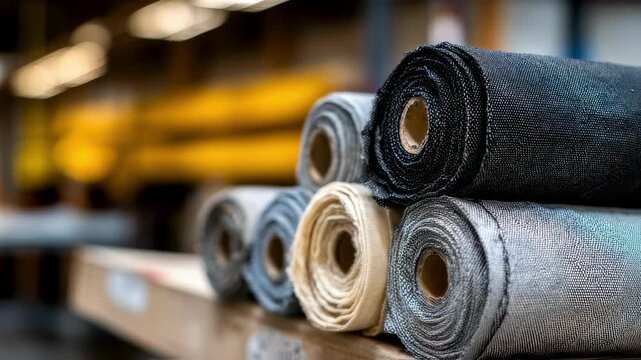 Focused shot of recycled polyester fabric rolls stacked with crisp texture detail while the workshop shelves behind remain softly out of focus.