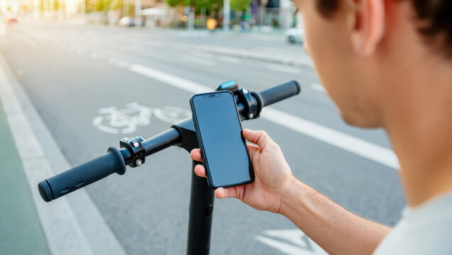 Close-up of a man holding smartphone near handlebar of electric scooter, preparing to unlock and ride it, with city street and bike lane visible in the background
