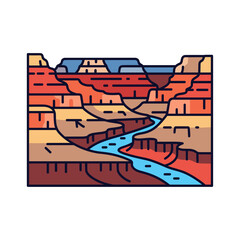 Stylized illustration of a winding river through a colorful canyon landscape.