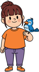 Cartoon child holding bird illustration, nature friendship concept, happy kid with animal companion, colorful vector for children’s content design