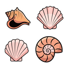 Vibrant cartoon seashells collection conch scallop and spiral designs with bold outlines.