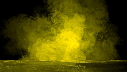 A vibrant yellow cloud of smoke and dust erupts from a surface, creating an abstract texture against a stark black background