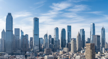 Fototapeta premium City skyline with modern skyscrapers against vibrant blue sky and scattered clouds. City skyline features architecture of contemporary buildings, including residential and commercial towers.