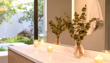 Modern bathroom vanity with candles and eucalyptus