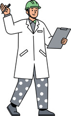 Cartoon safety inspector wearing helmet and lab coat with polka dot pants holding clipboard and pen in workplace illustration