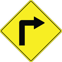 Right turn warning road sign symbol in yellow diamond for traffic safety