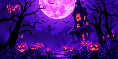 A spooky and vibrant Halloween scene with a glowing purple moon, haunted house, jack-o'-lanterns, bats, and eerie trees.