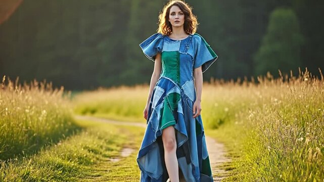 Stylish woman confidently walks on path in denim patchwork dress in golden hour light