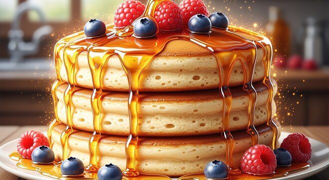 Golden stack of pancakes with fresh raspberries, blueberries, and dripping syrup promises a delicious start to the day or sweet indulgence - Powered by Adobe