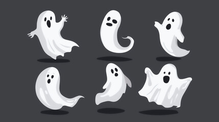 Illustration of six cartoon ghosts on a dark gray background for Halloween