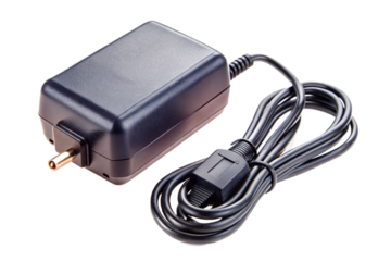 Isolated camera power charger adapter with black cord and plug isolated on black isolated on transparent background