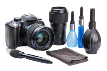 Comprehensive camera cleaning kit with digital slr lens and accessories isolated on black isolated on transparent background