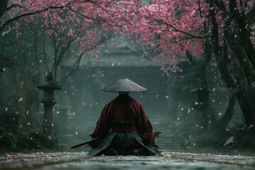 A serene scene of a person wearing traditional Japanese attire, practicing meditation under cherry blossom trees