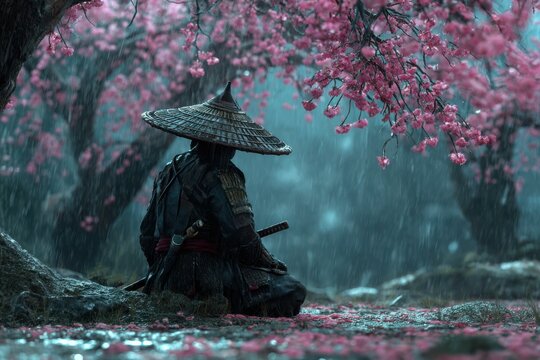 A lone samurai contemplates under a blooming cherry blossom tree in the rain. The image evokes a sense of solitude, reflection, and the beauty of nature's elements