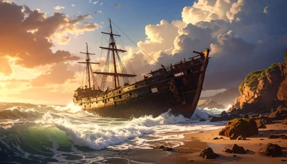 Keuken achterwand Schipbreuk Dramatic sunset over a wrecked ship on a beach  © sale