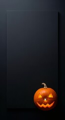 Vertical whitespace Halloween design Carved pumpkin with glowing eyes on a dark background