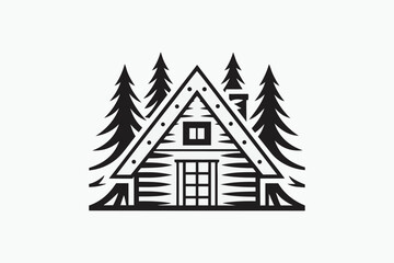 Minimalist Cabin with Pine Trees on a White Background